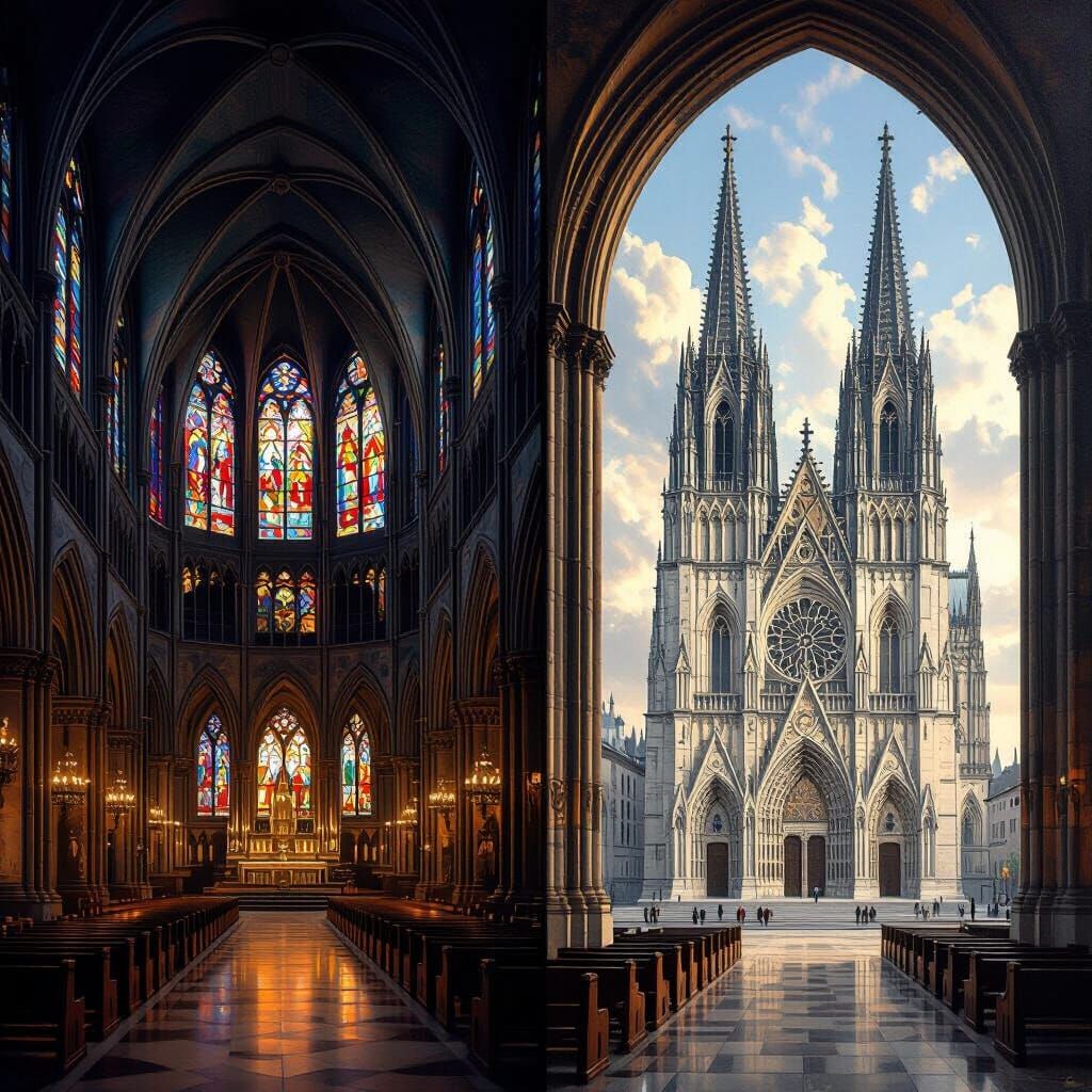 Gothic Cathedral Diptych: Exterior and Interior Views