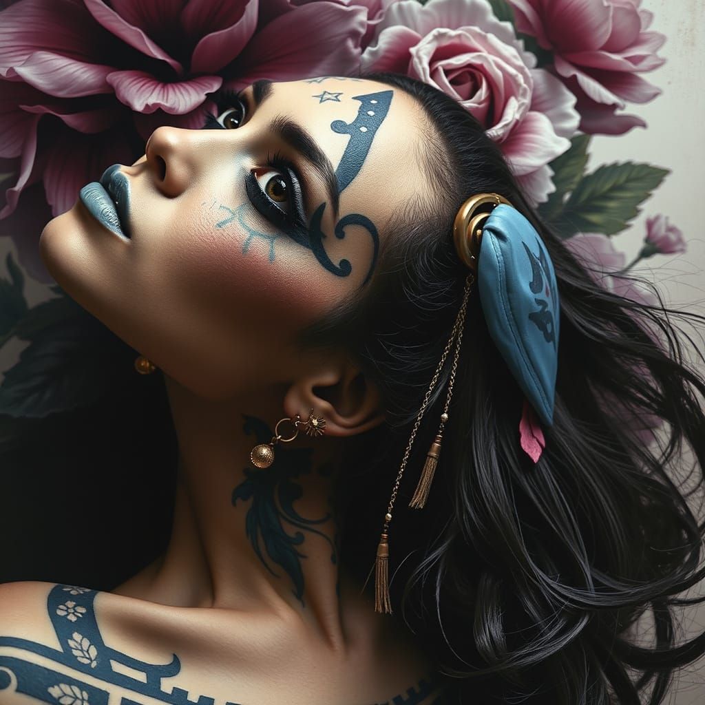 Elegant Portrait with Floral Background, Tattoos, and Celest...