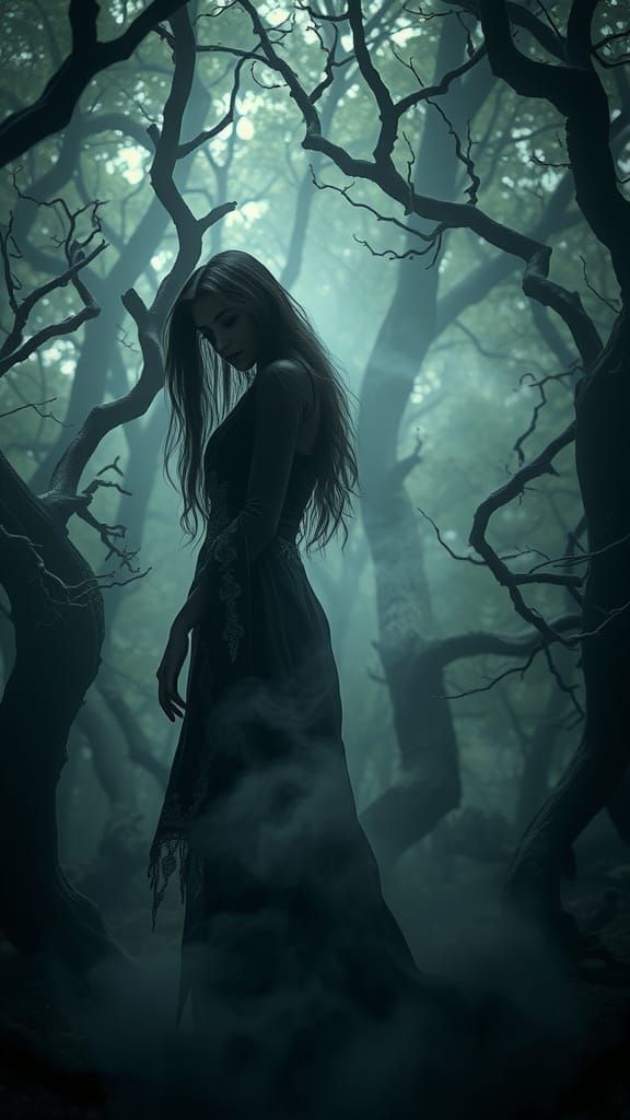 Ethereal Female Necromancer in Dark Forest