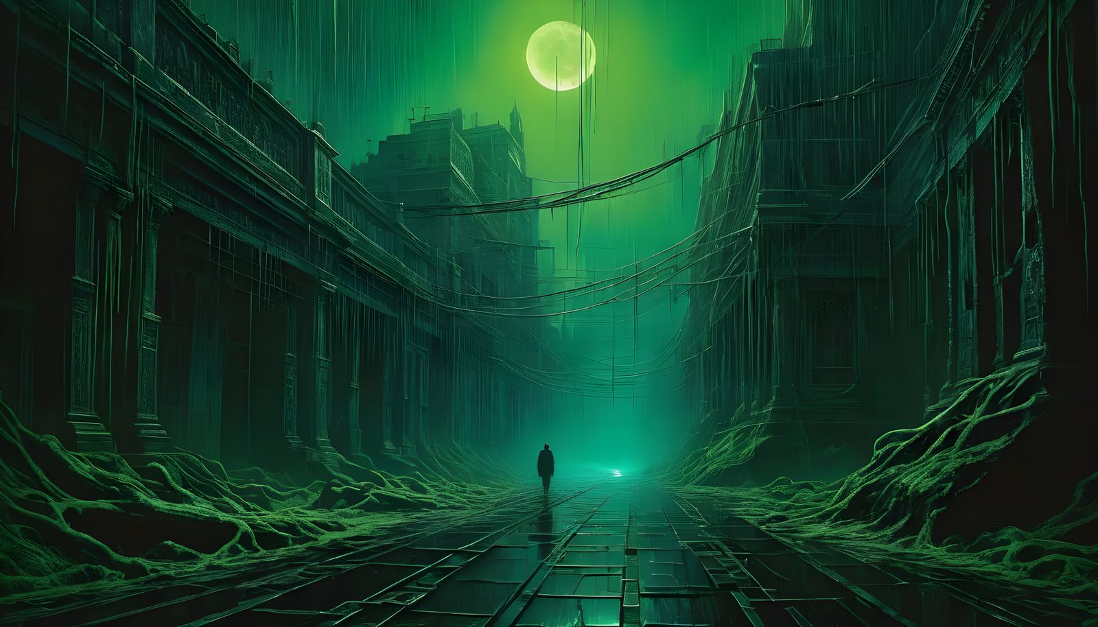 Eerie Neon Code Rain in Beksiński-Inspired Digital Art