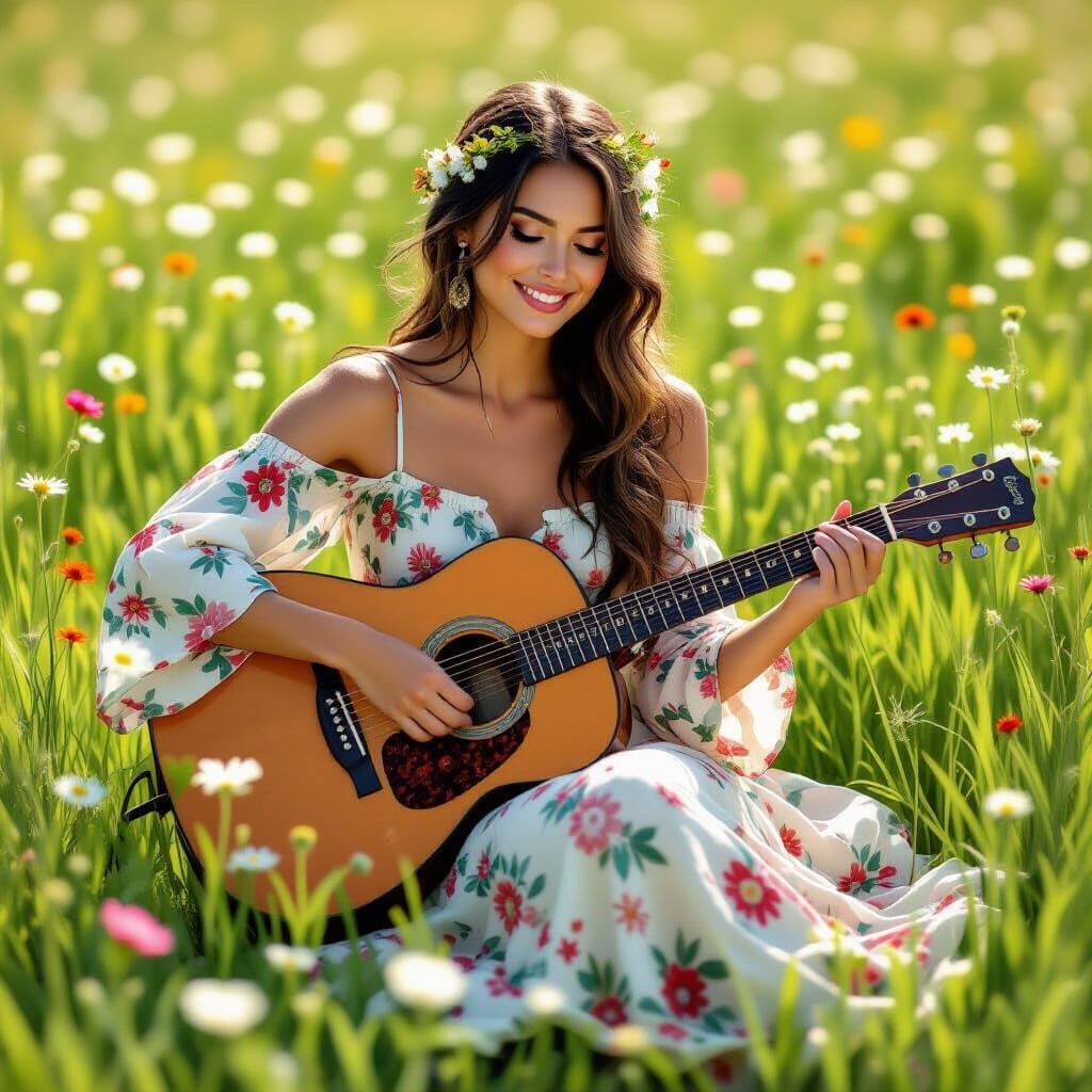 Serene Woman Playing Guitar in Lush Meadow