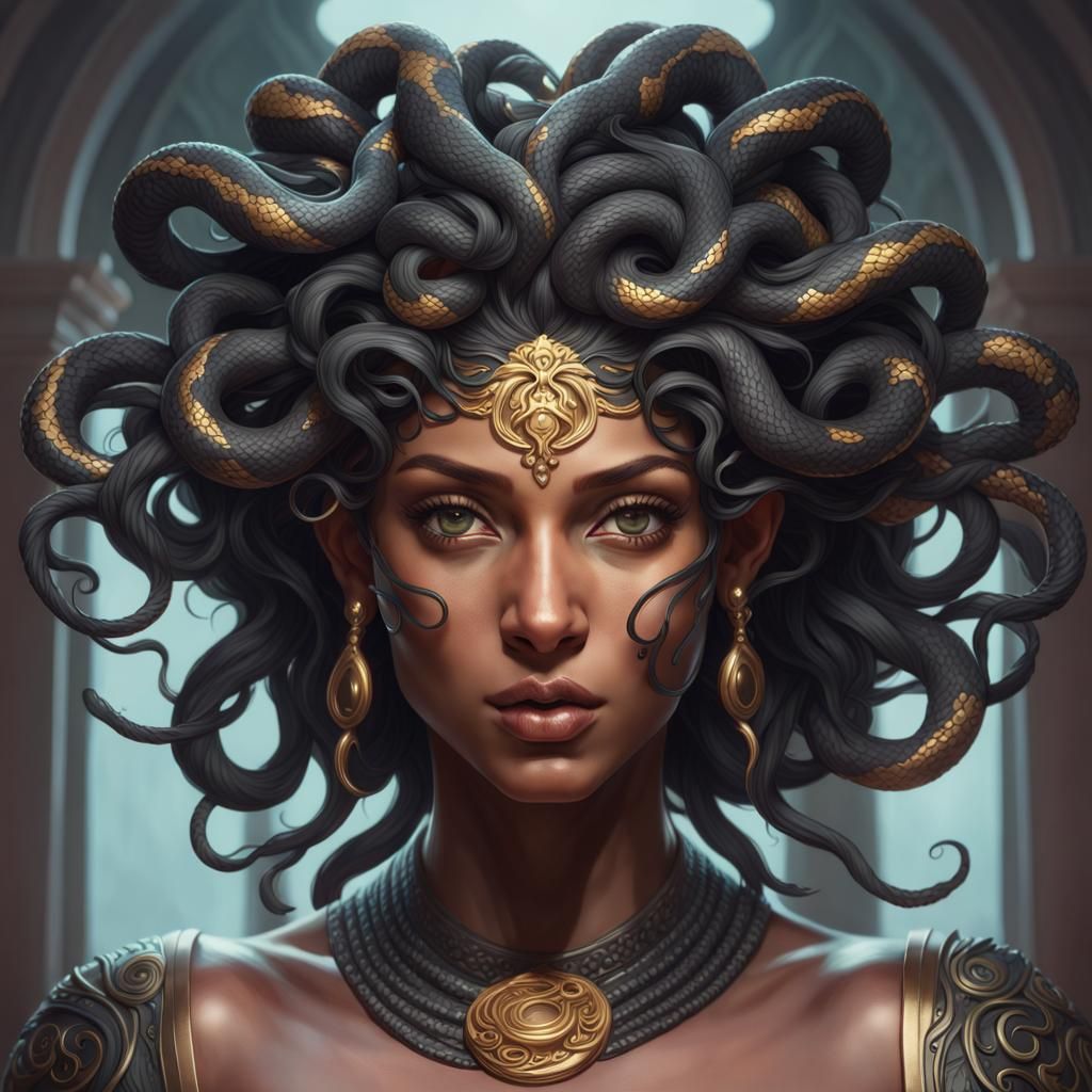detailed black Medusa, greek mythology, snake hair, beautiful face, piercing eyes, regal, head and shoulders portrait, 8...
