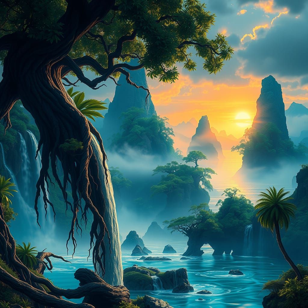 Lush Islands with Crystal Waterfall: Matte Painting