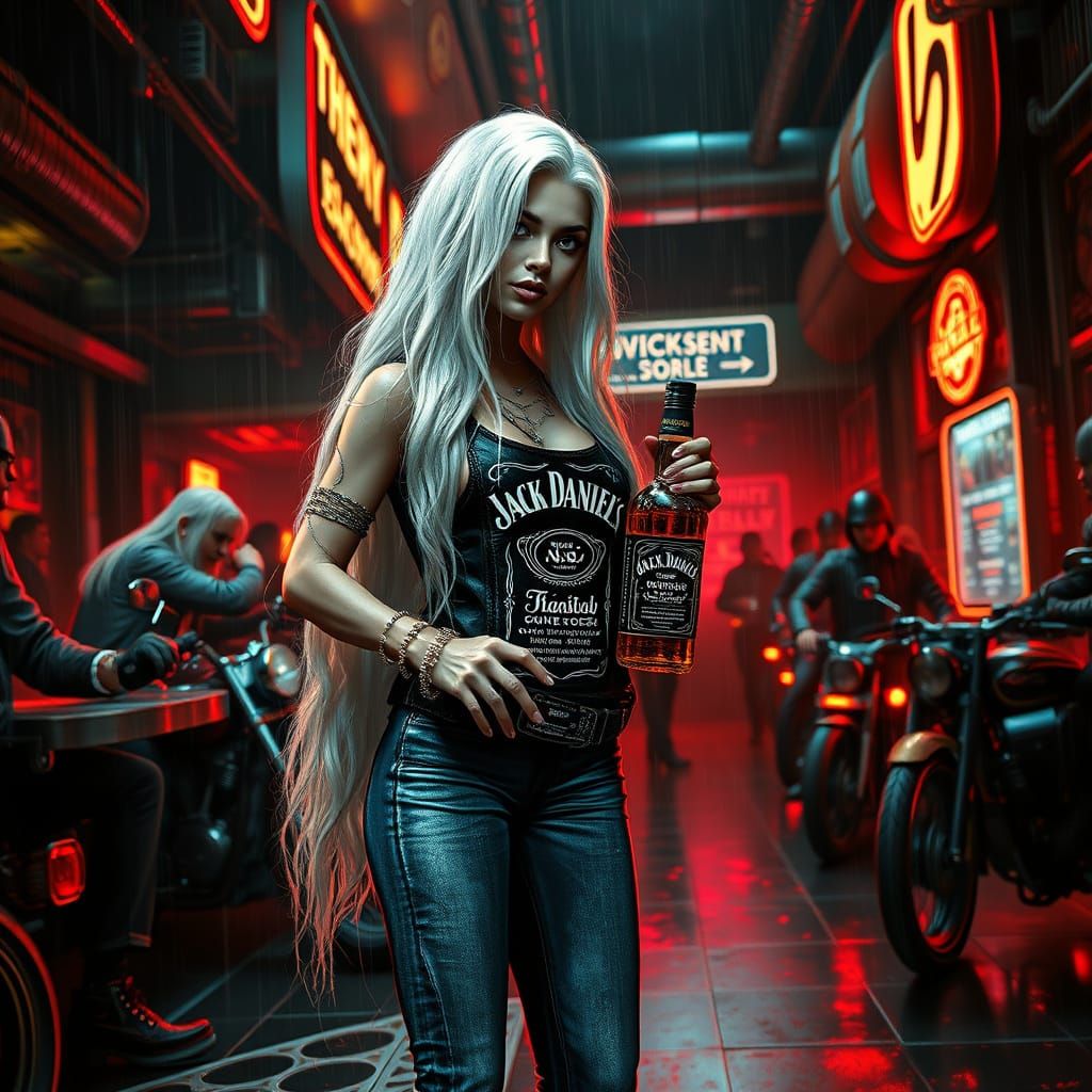Cyberpunk Gothic Bar Scene with Mulatto Girl