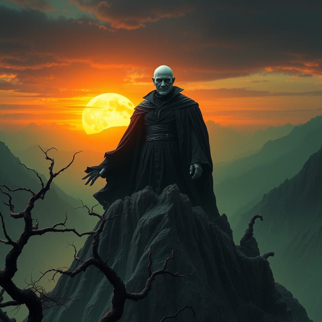 Dark Lord Voldemort in a Haunting, Gritty Fantasy Landscape