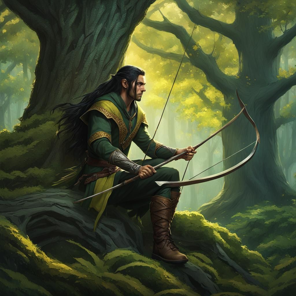 Half-Elf Archer in Fantasy Wood, Dark Fantasy Art