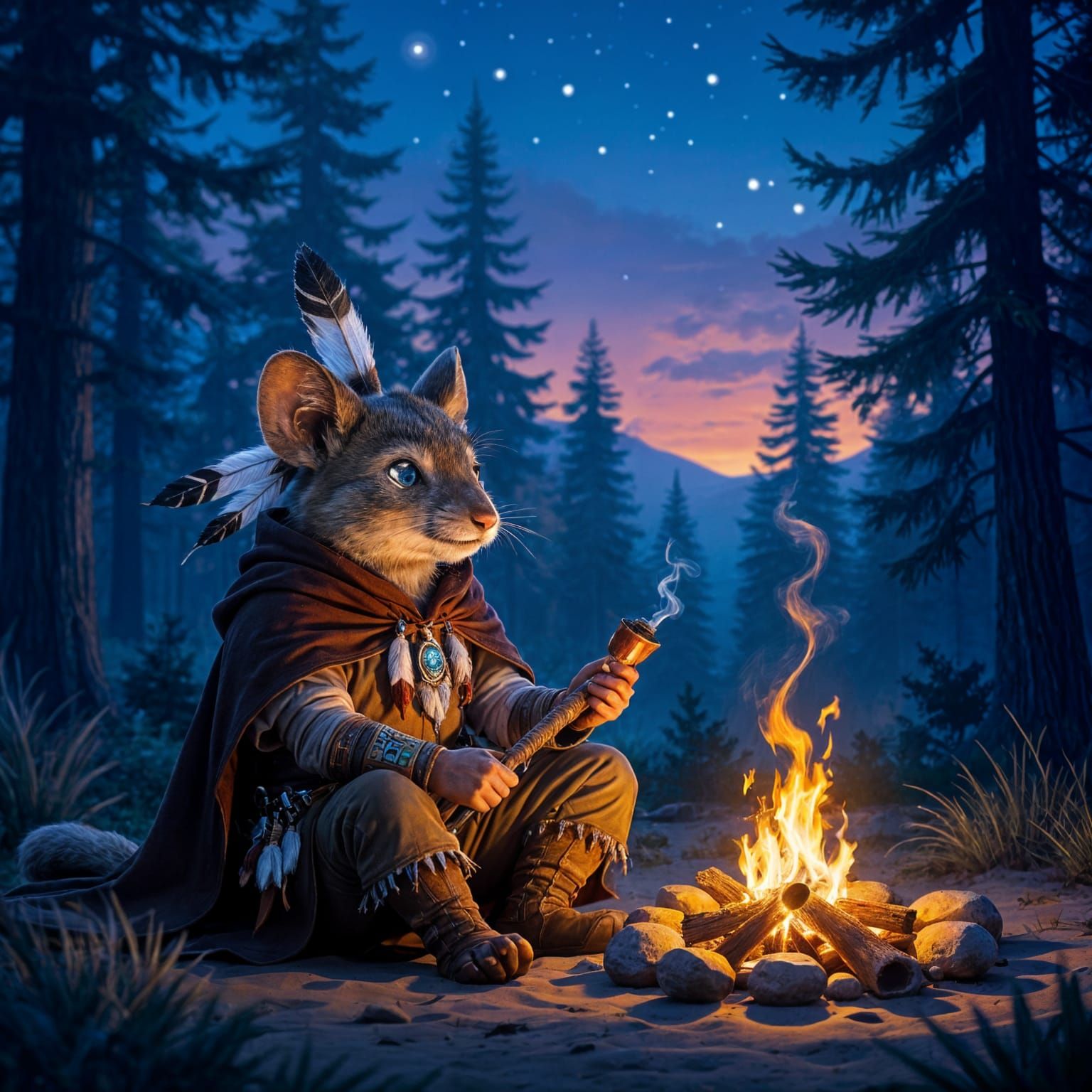 Anthropomorphic Mouse Adventurer by Campfire at Dusk