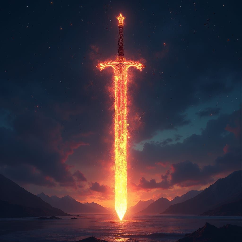 Fiery Starlight Sword Against Dark Sky, in Digital Art Style