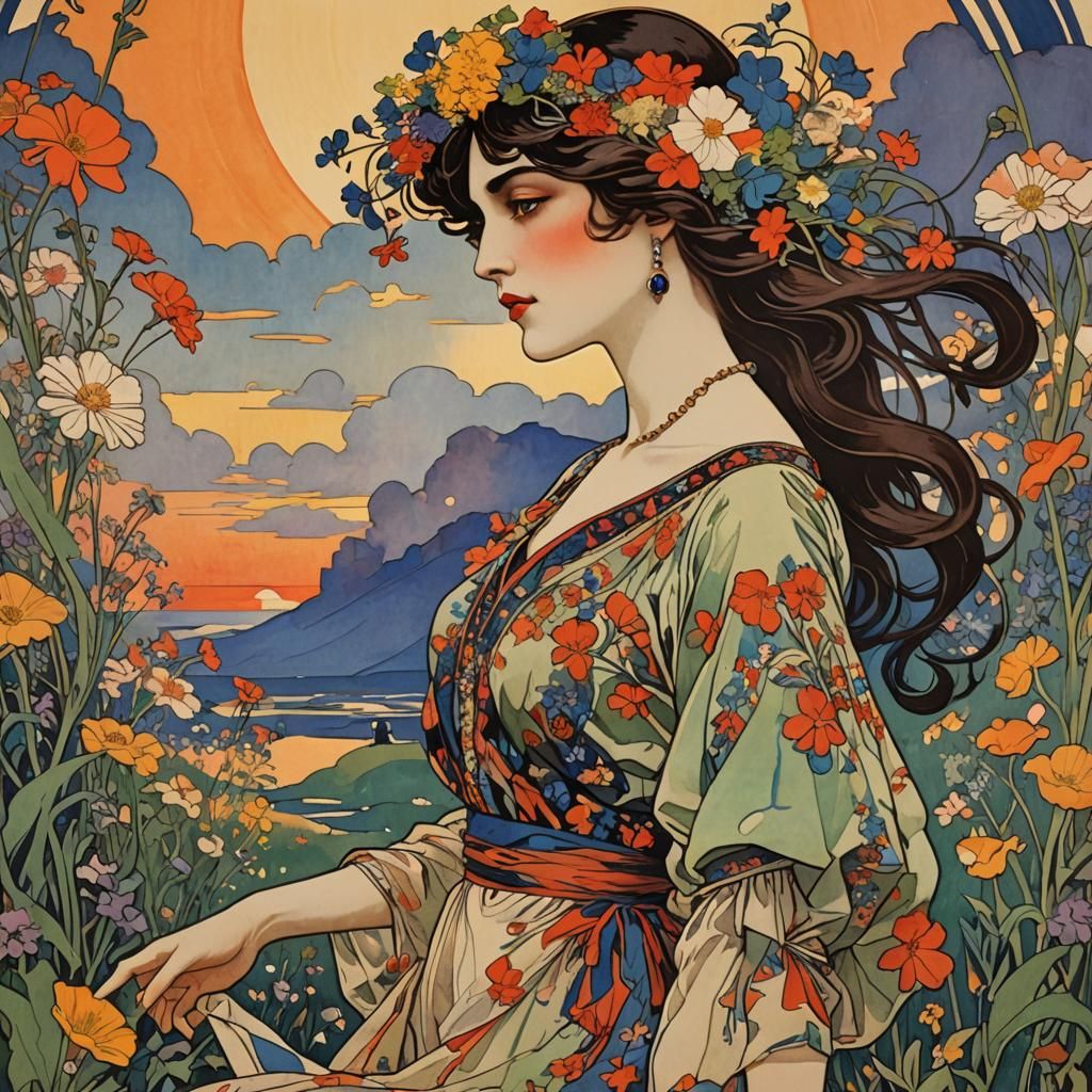 Art Deco Poster of Girl with Wildflower Crown
