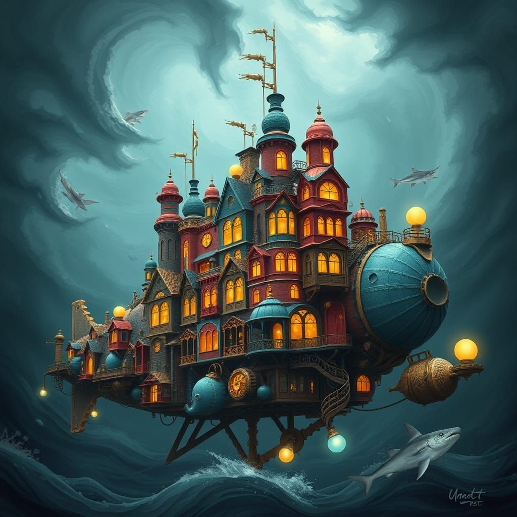 Whimsical Steampunk Submarine in Gothic-Victorian Style