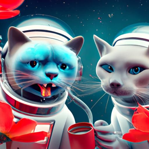 Cat Astronauts Enjoying Coffee in Space: 3D Digital Art