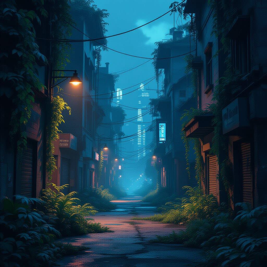 Overgrown Retro-Futuristic City Street at Twilight