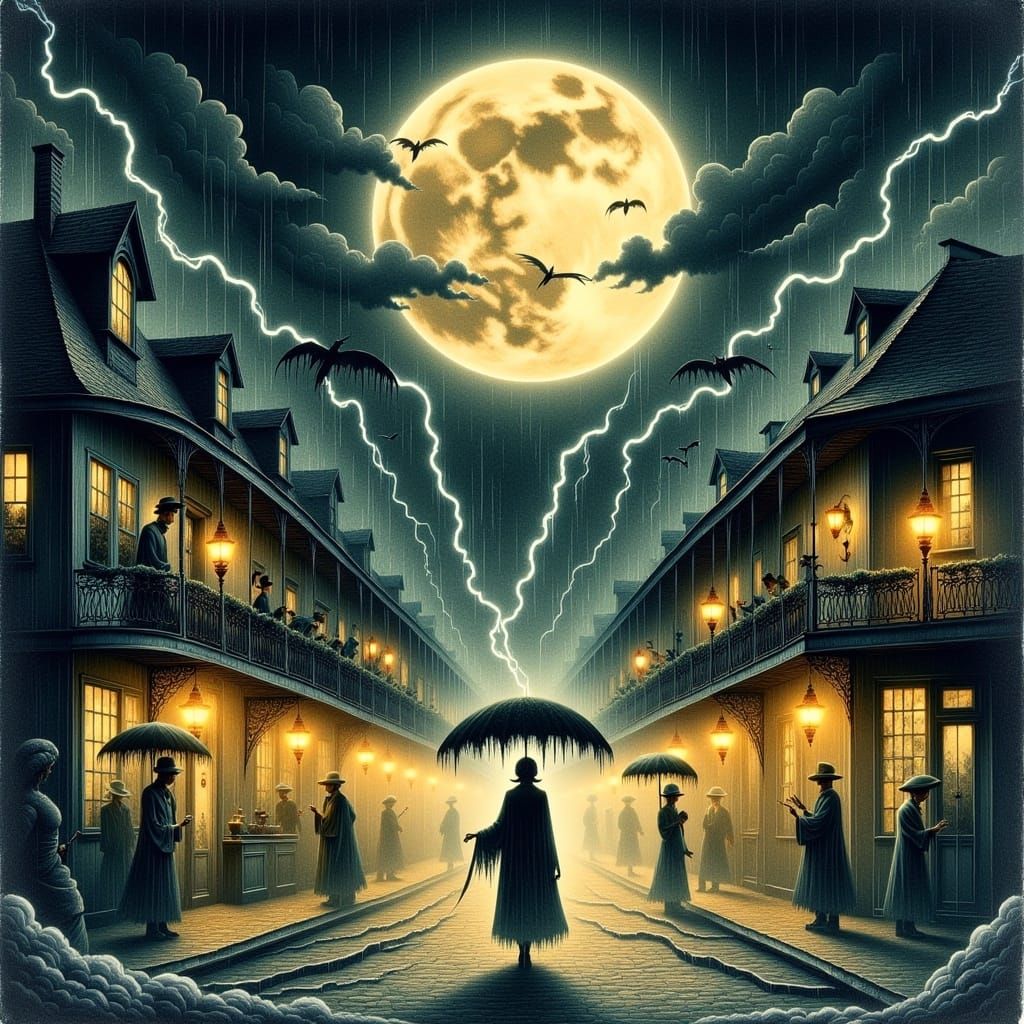 Whimsical Nighttime Scene in Vintage New Orleans Style