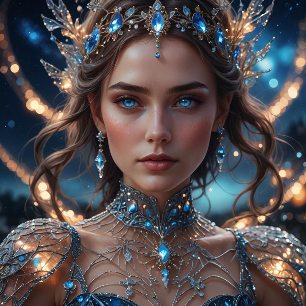 Woman in Glass Dress Against Night Sky