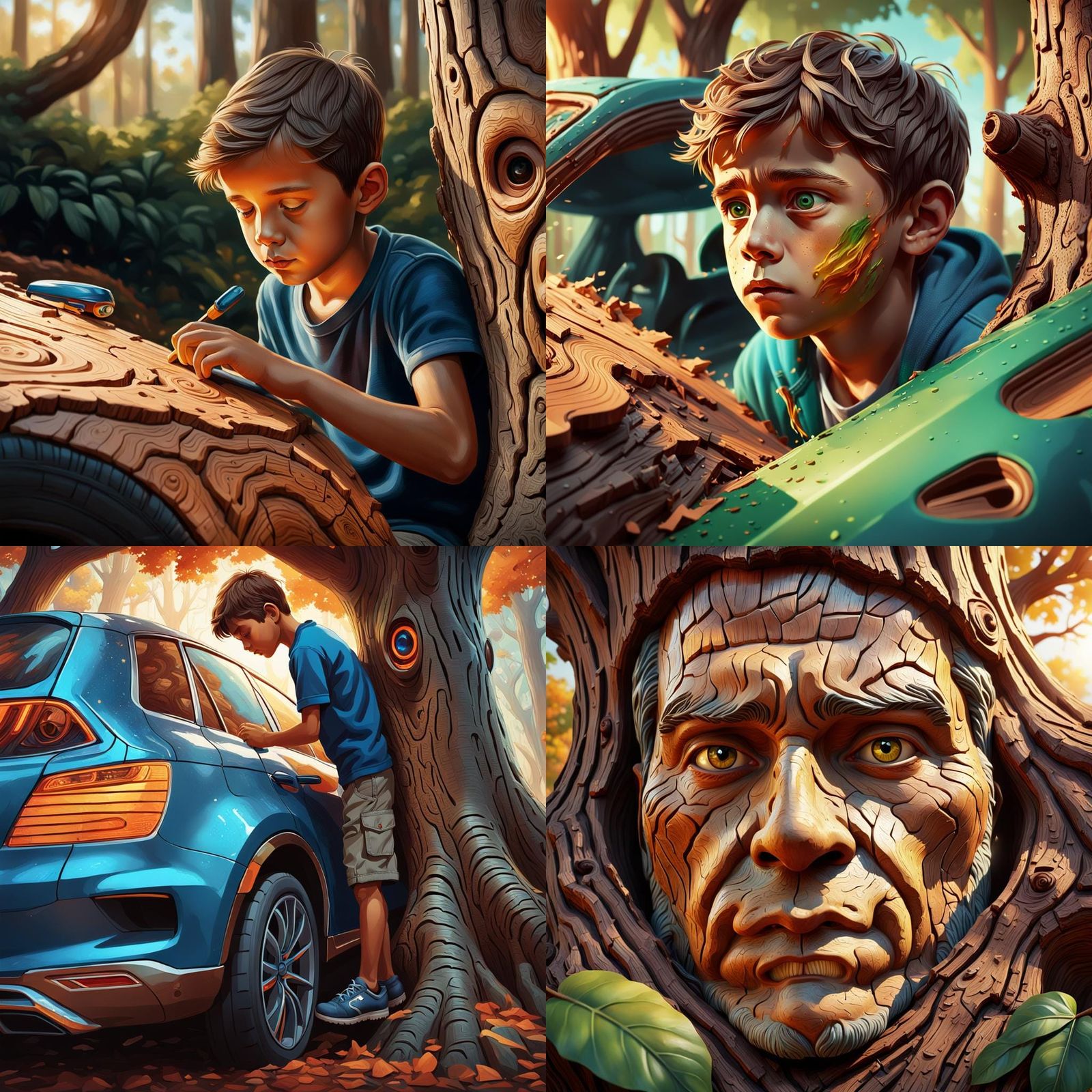 Boy Carving a Car in Tree: Hyperrealistic Art