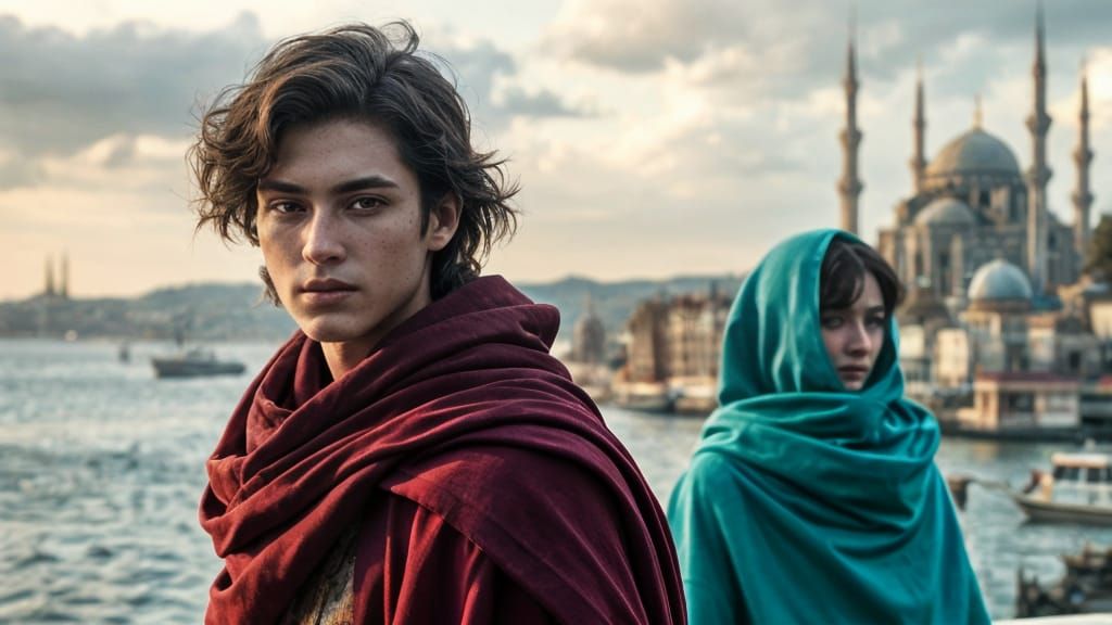 Young Man and Woman in Fantasy City, 3D Render