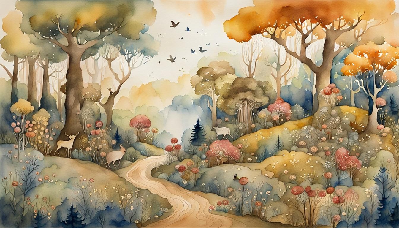 Whimsical Forest Scene in Watercolor with Gold Leaf