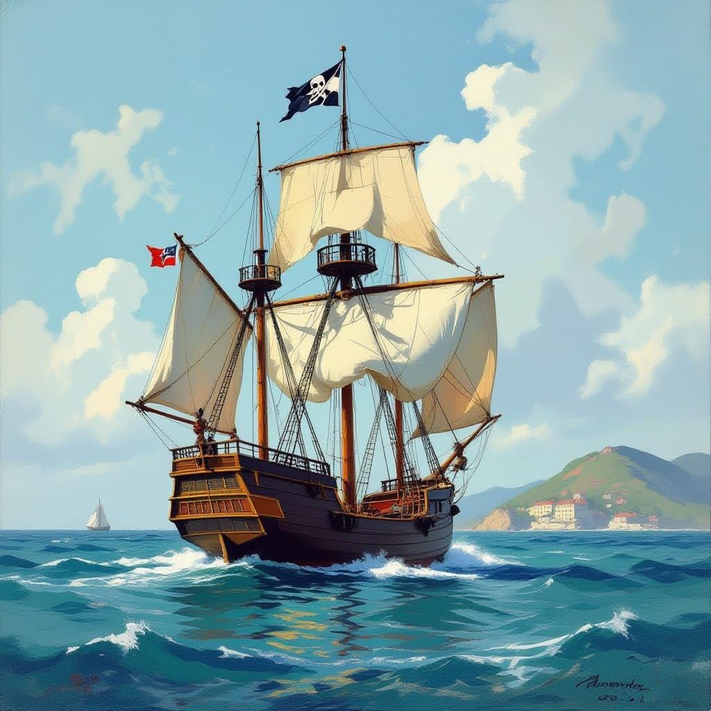 17th Century Pirate Ship Sails Across Calm Caribbean Seas