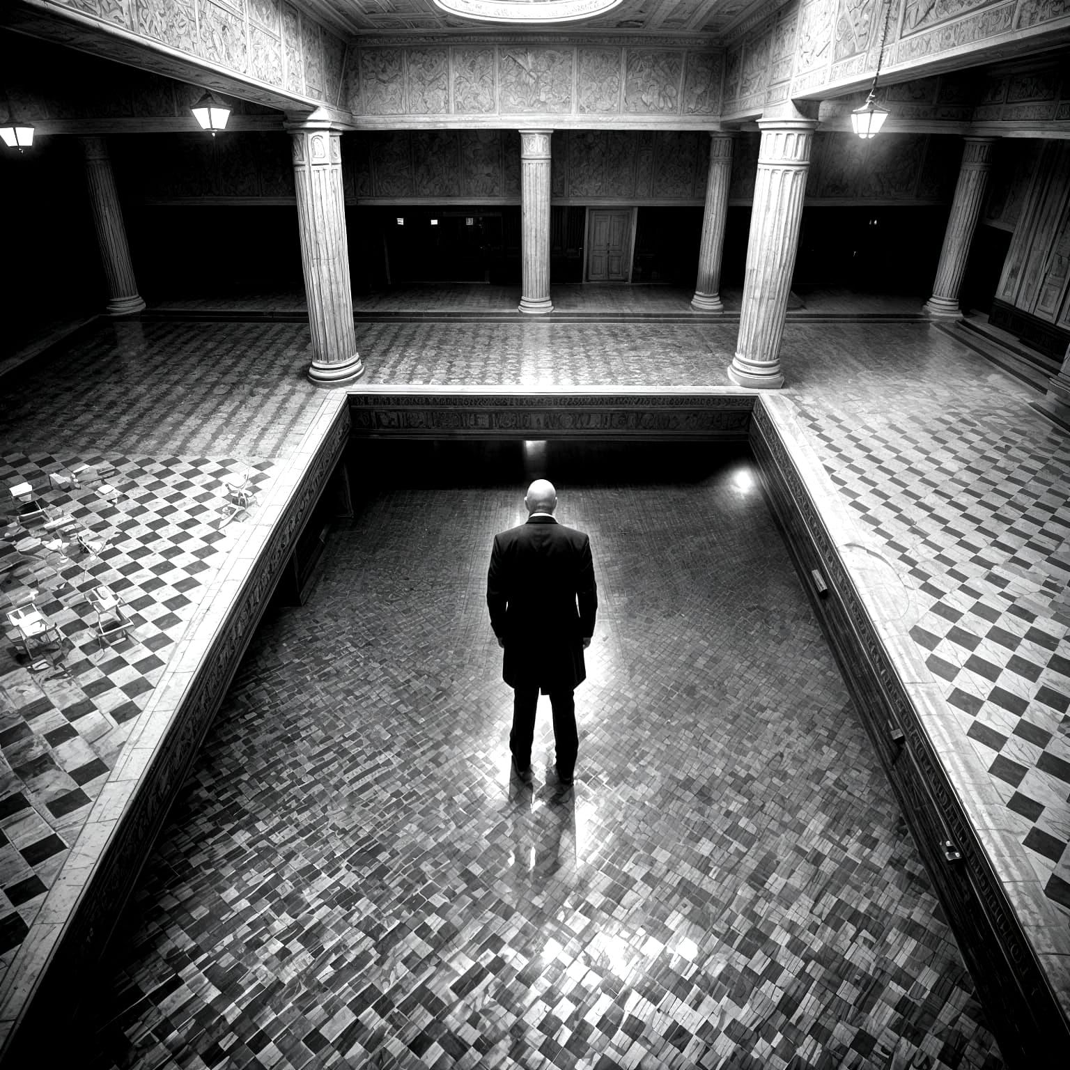 Ominous Black and White Poolside Scene