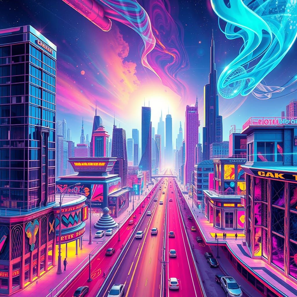 Futuristic Chrome Metropolis in Vibrant Astral Landscape