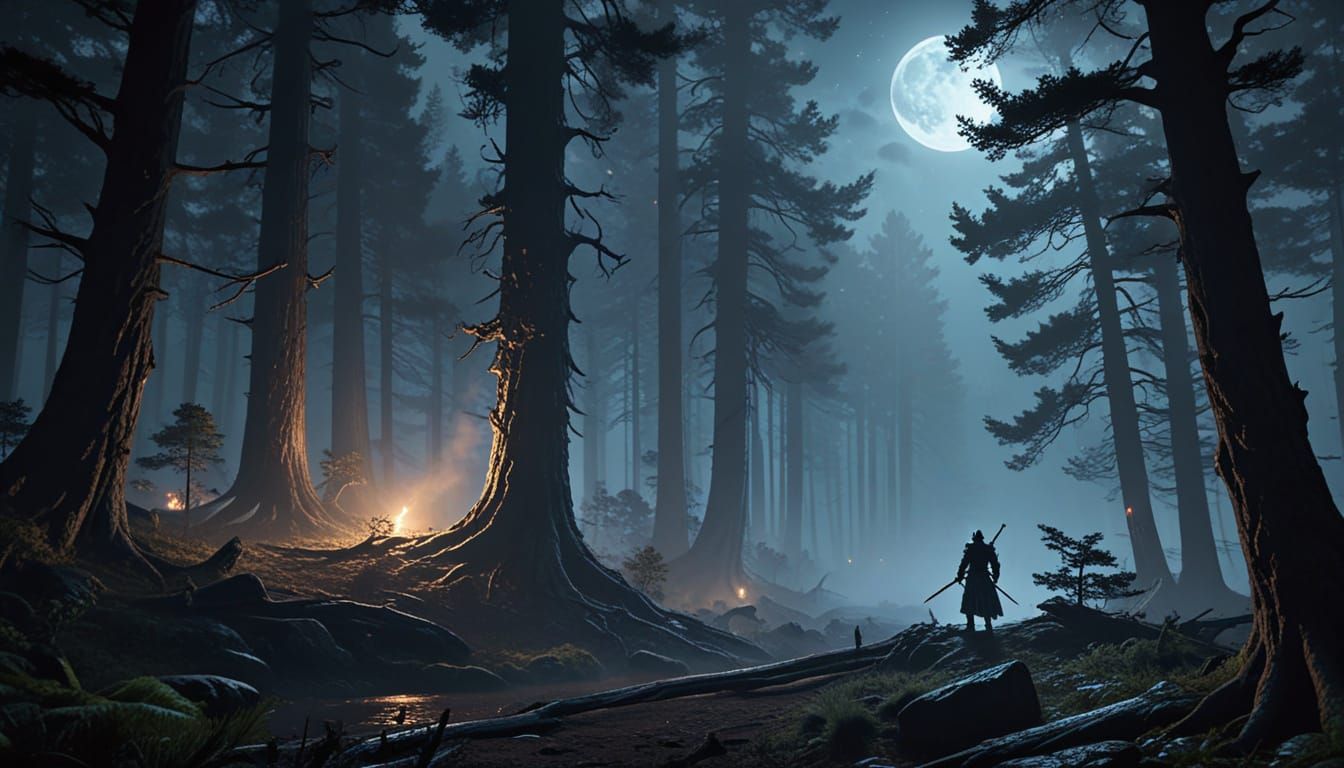Knight in Shadowy Forest with Glowing Sword, Digital Paintin...