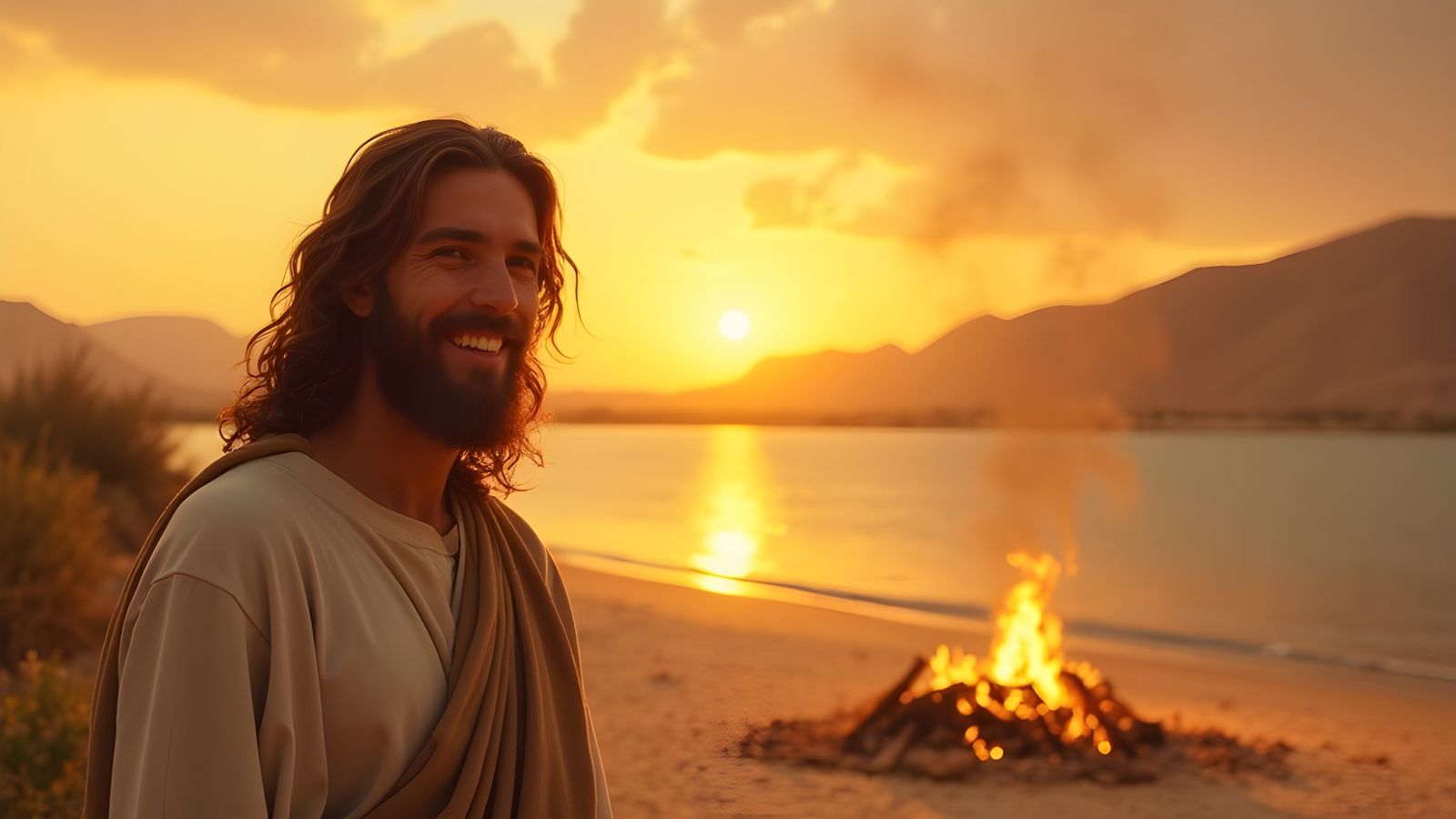 Smiling Jesus at Sunrise on Lakeside Beach