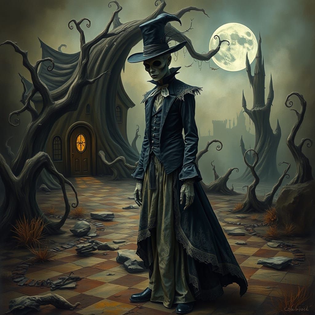 Melancholic Victorian Figure in Whimsical Landscape, Burton ...