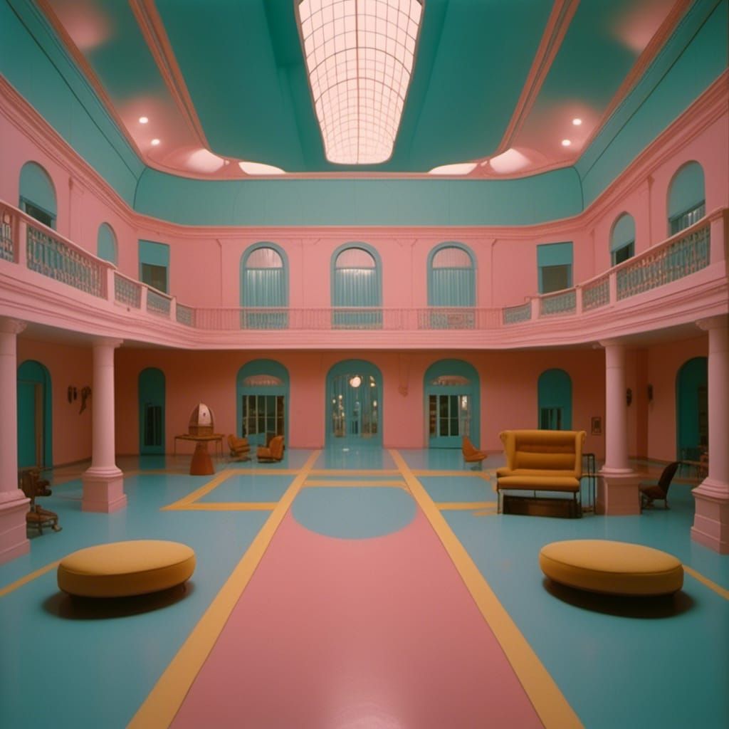 Dreamcore Liminal Architecture in Wes Anderson Style