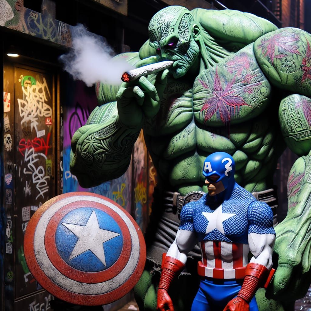 Hulk with Tattoos Smoking with Captain America