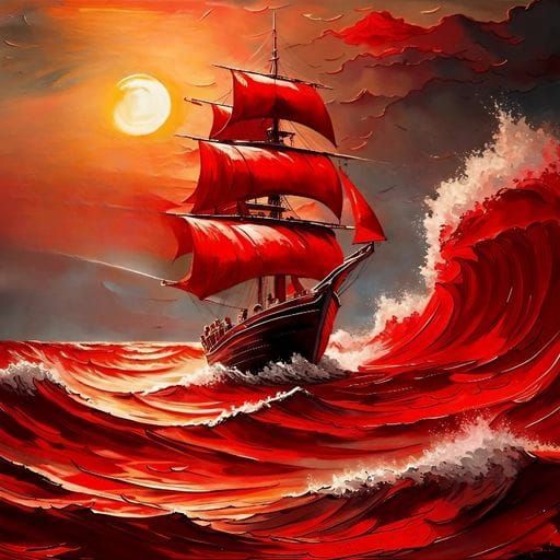 Red Boat Swamped by Waves as Oil Painting