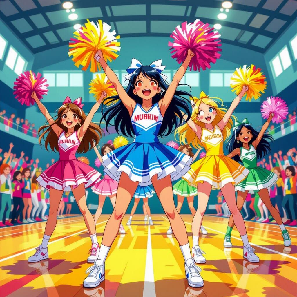 Teenage Cheerleaders with Pom Poms in Gym Hall