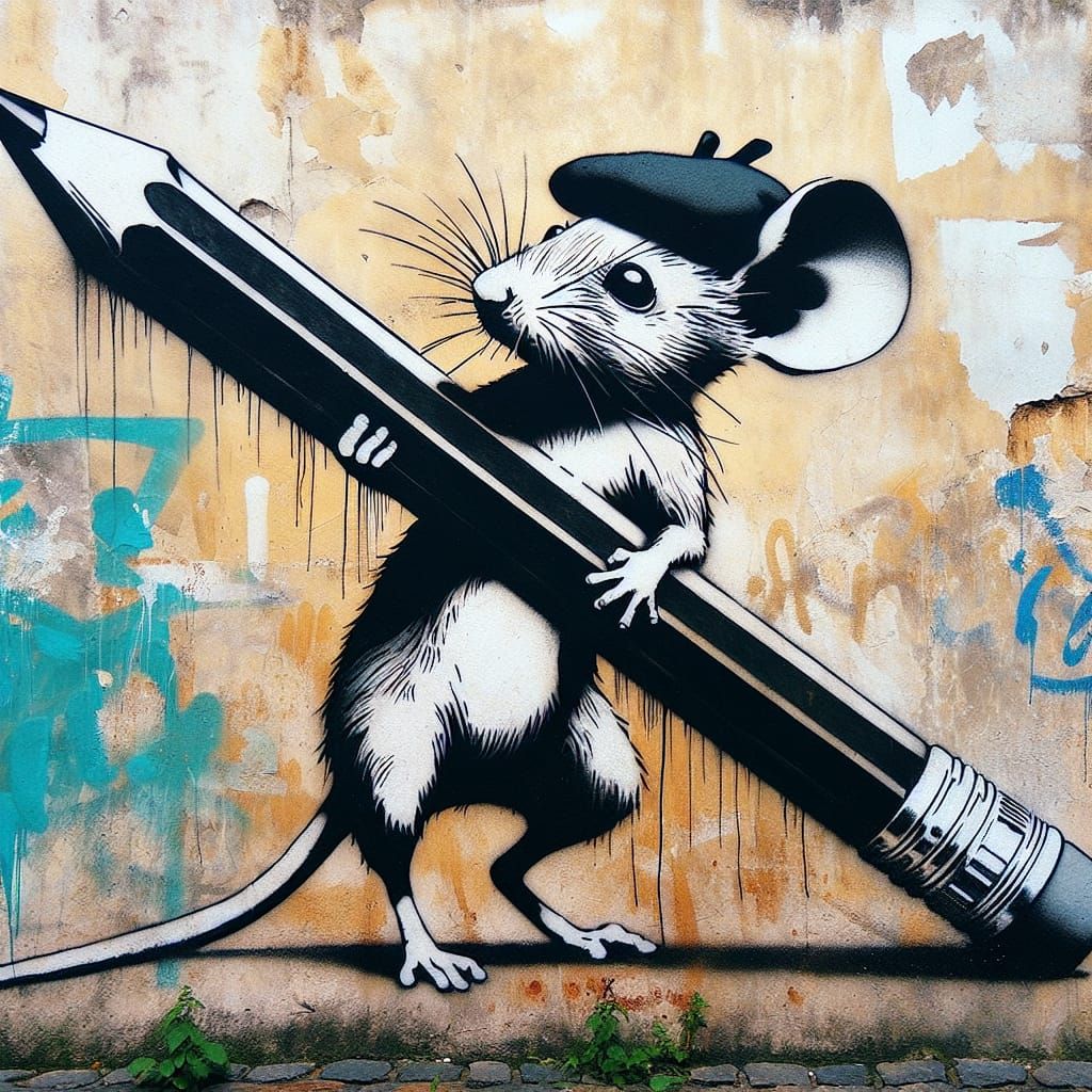 Mouse Lifts Pencil: Stencil Art on Urban Wall