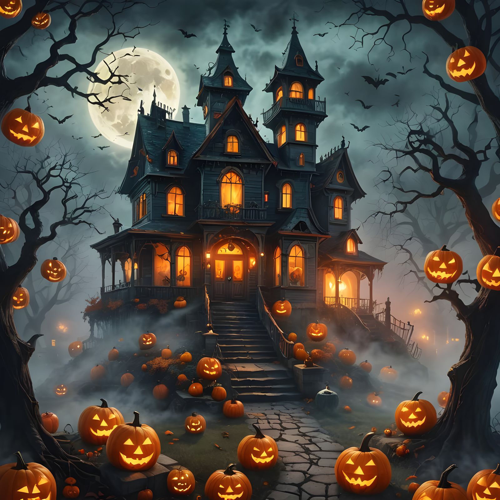 Hyperrealistic Halloween Scene with Haunted House