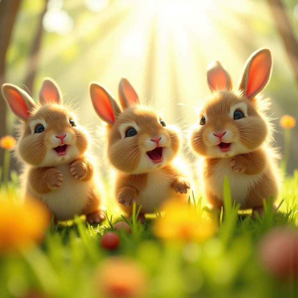 Playful Bunnies Laughing in Sunlit Meadow: 3D Animated Fanta...