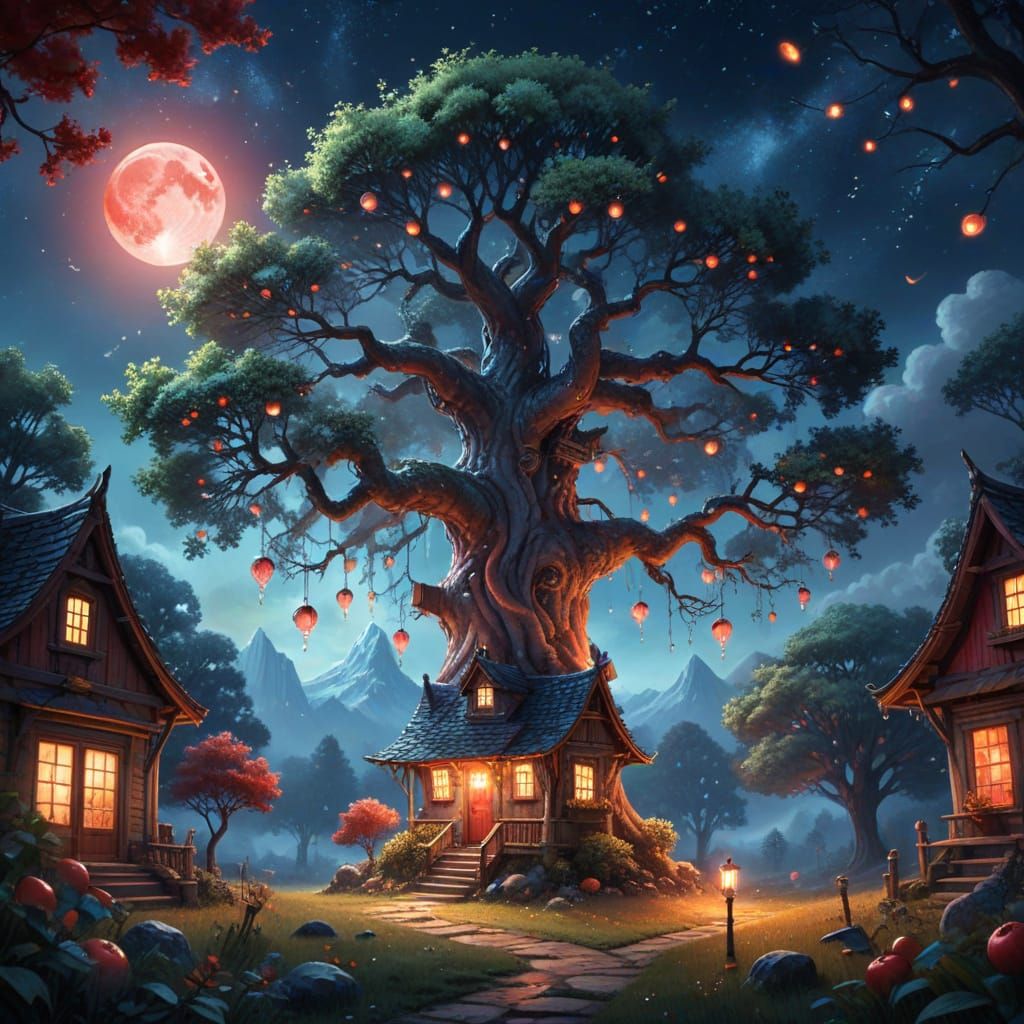 Ancient Tree Stands Behind a Cozy House Under a Giant Crysta...