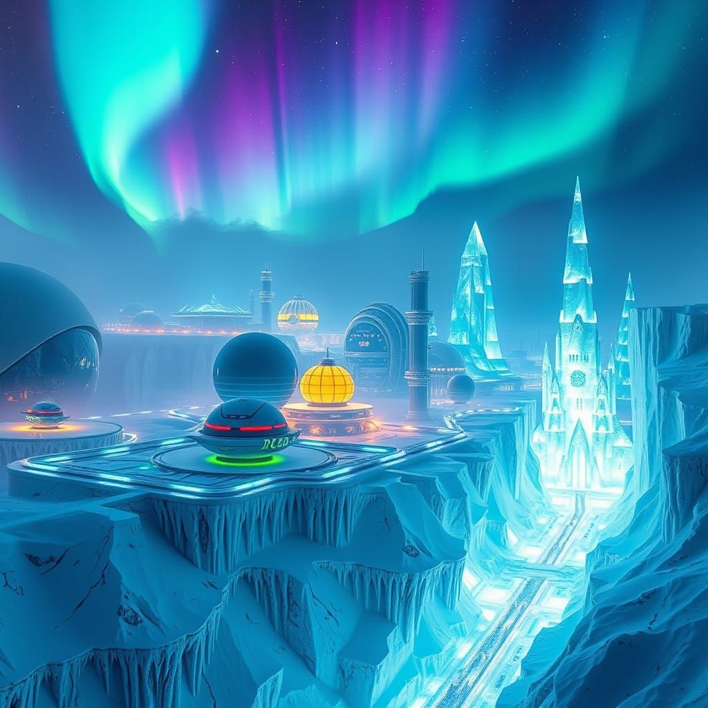 Surreal Ice Kingdom Glows under Northern Lights in Futuristi...