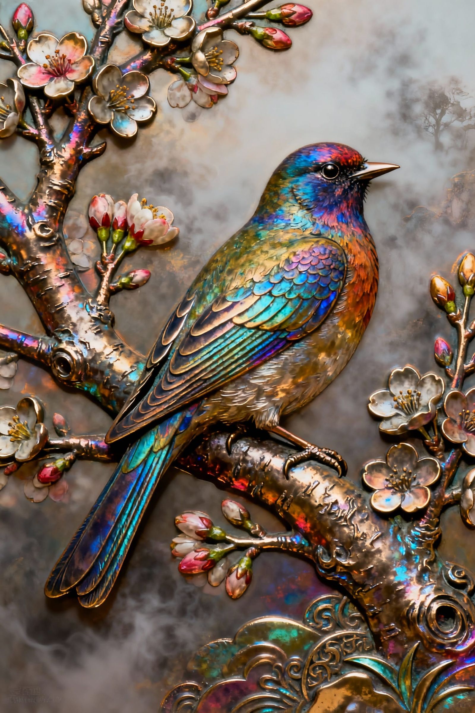Colorful Embossed Metal Bird on Cherry Blossoms
