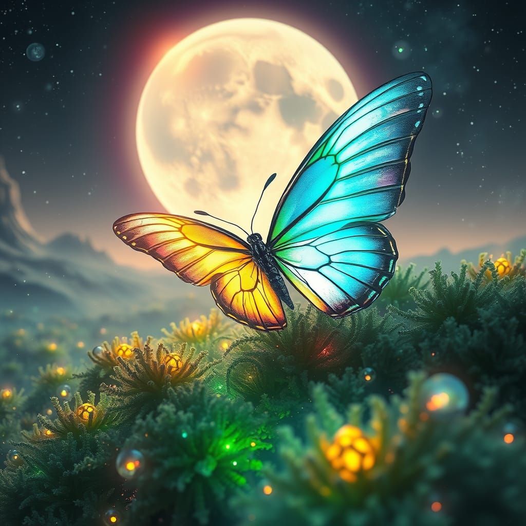 Bioluminescent Butterfly on Alien Moon, Hyperrealistic Art