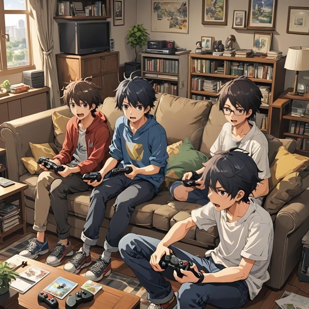 Boys Arguing While Playing Video Games in Anime Style