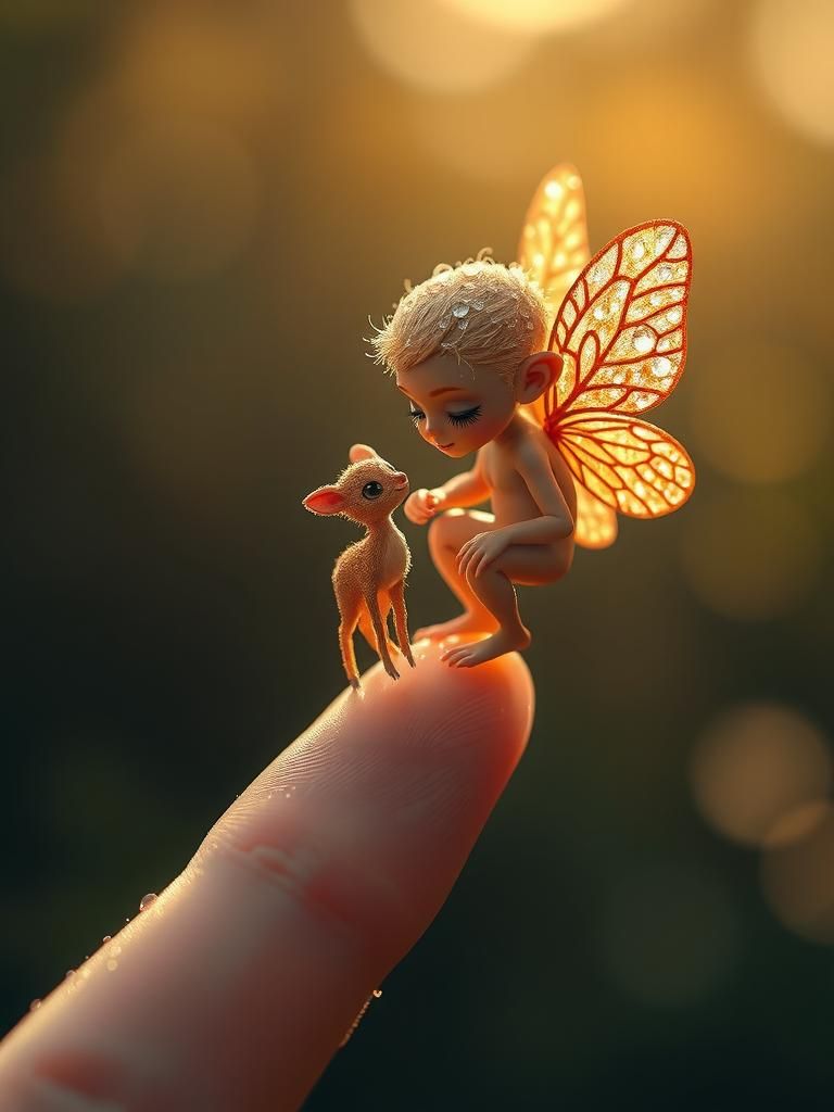 Whimsical Fairy Contemplates Life on a Human Finger