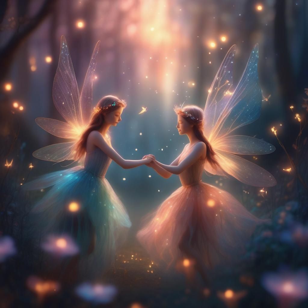 Two Fairies Dancing in a Whimsical Fantasy Illustration
