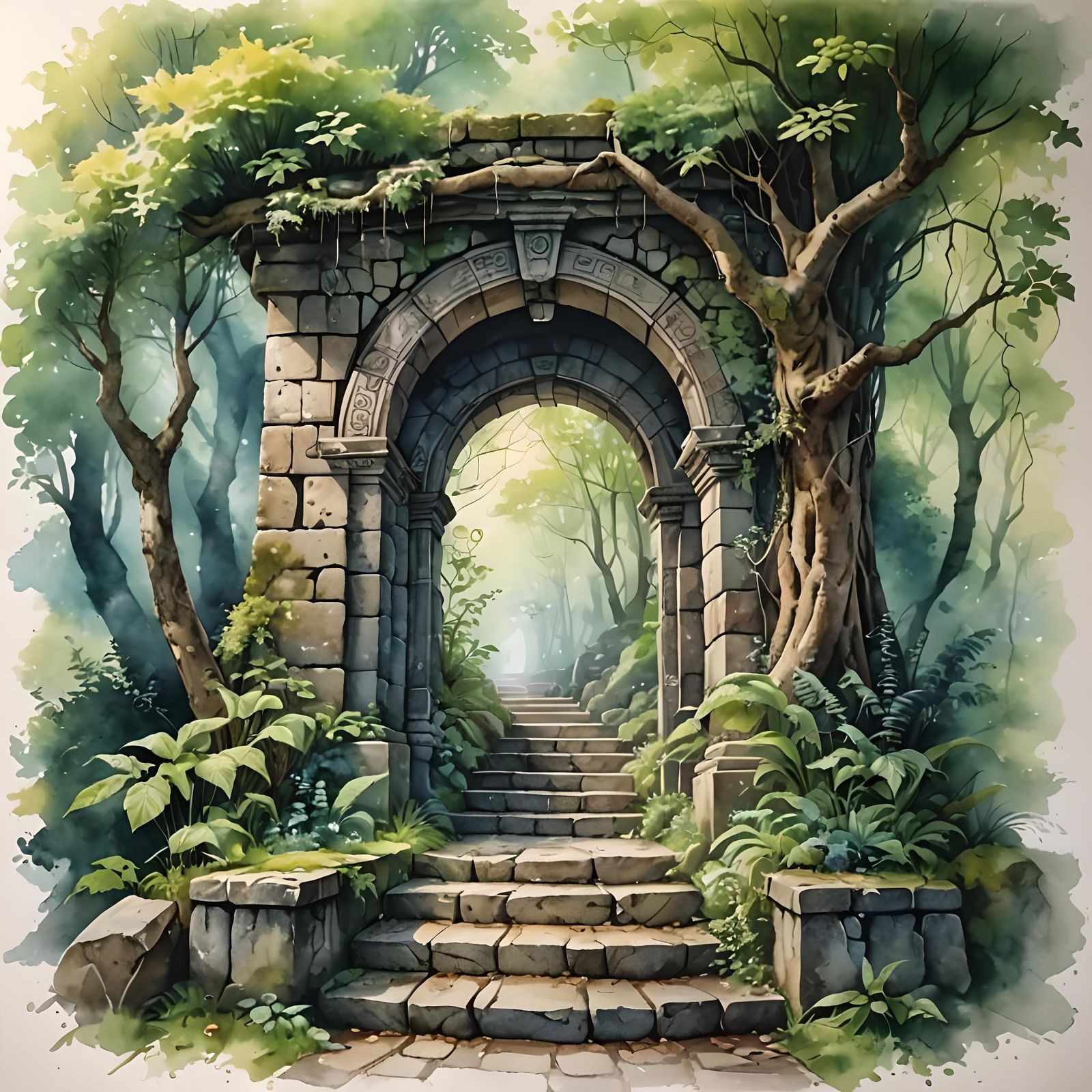 Mystical Archway to a Magical Forest: Watercolor Fantasy