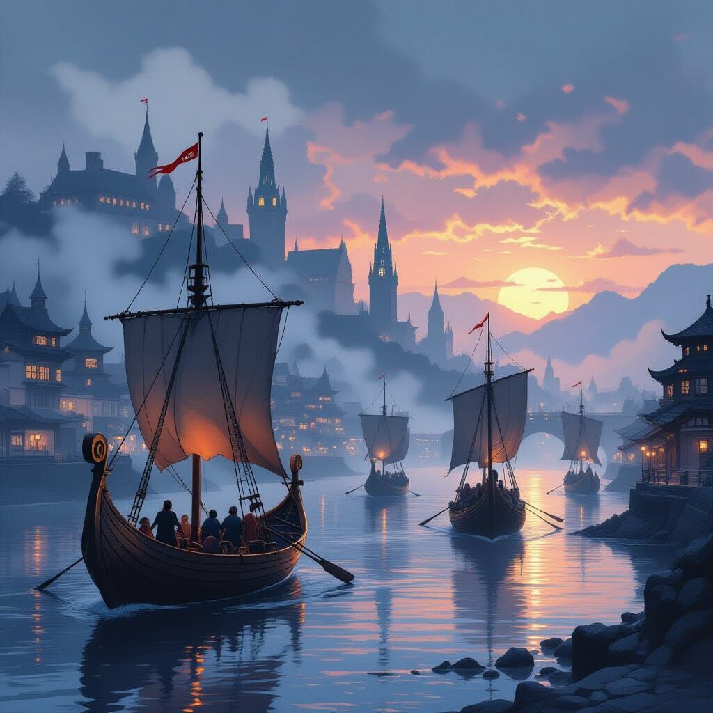 Vikings ships are approach to middle age Edinburgh of Scotla...