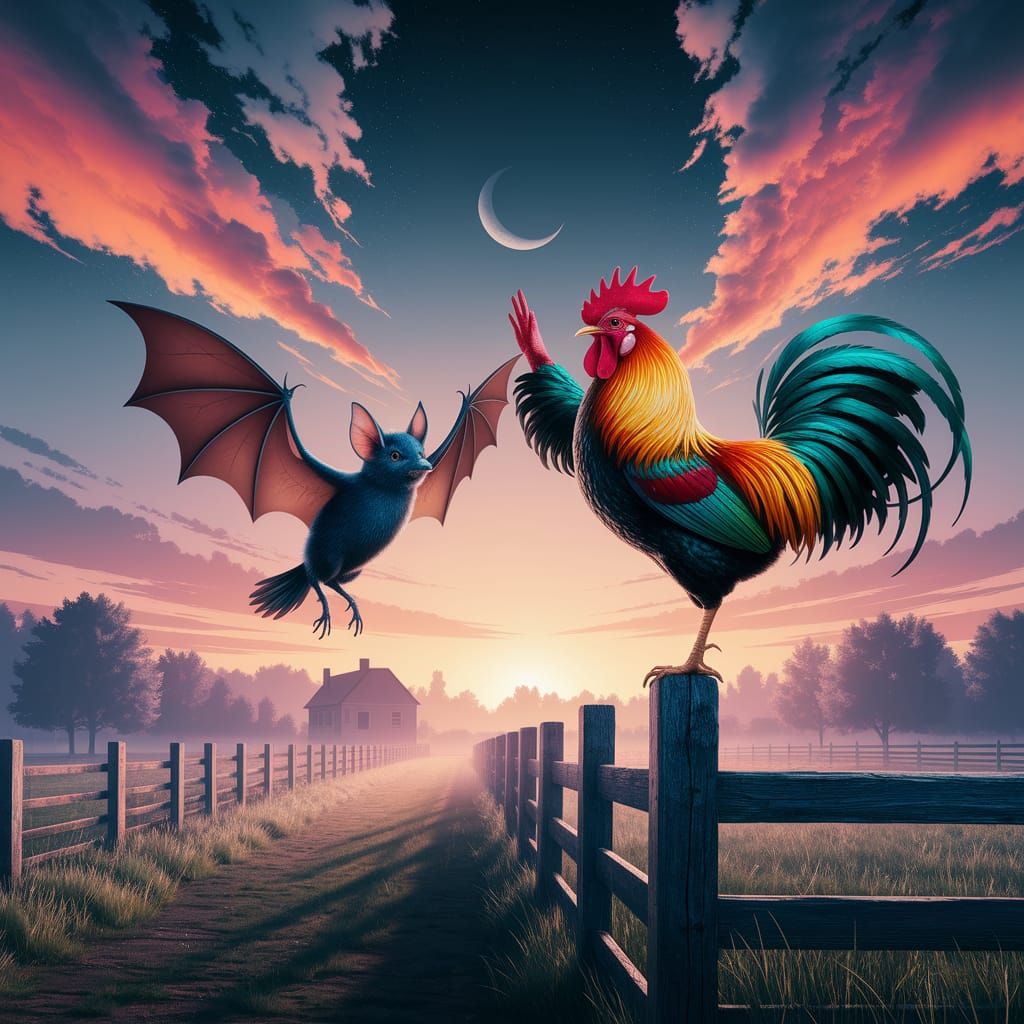 Rooster and Bat High-Five at Sunrise in Art Nouveau Style
