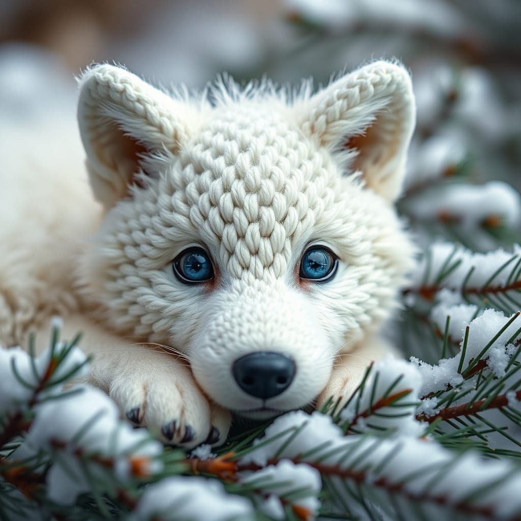 Hyperrealistic Wolf Pup in Winter Wonderland