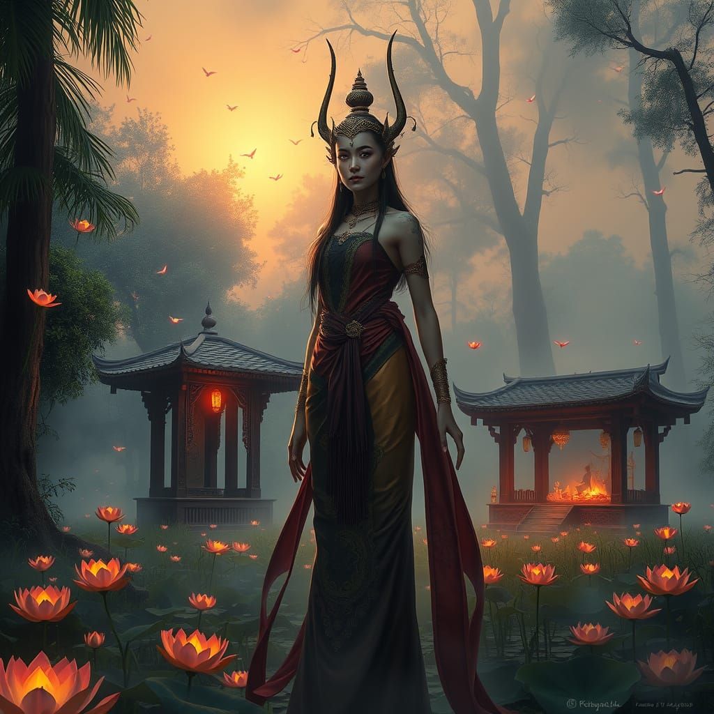 Bai Sri Spirit in Misty Forest: Photorealistic Art