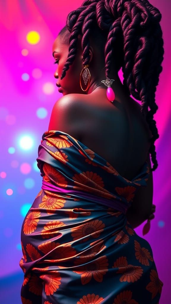 Pregnant African Goddess Portrait in Vaporwave Style