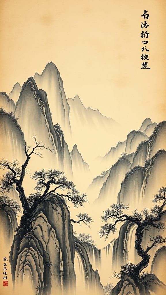 Ethereal Chinese Mountain Landscape Ink Painting