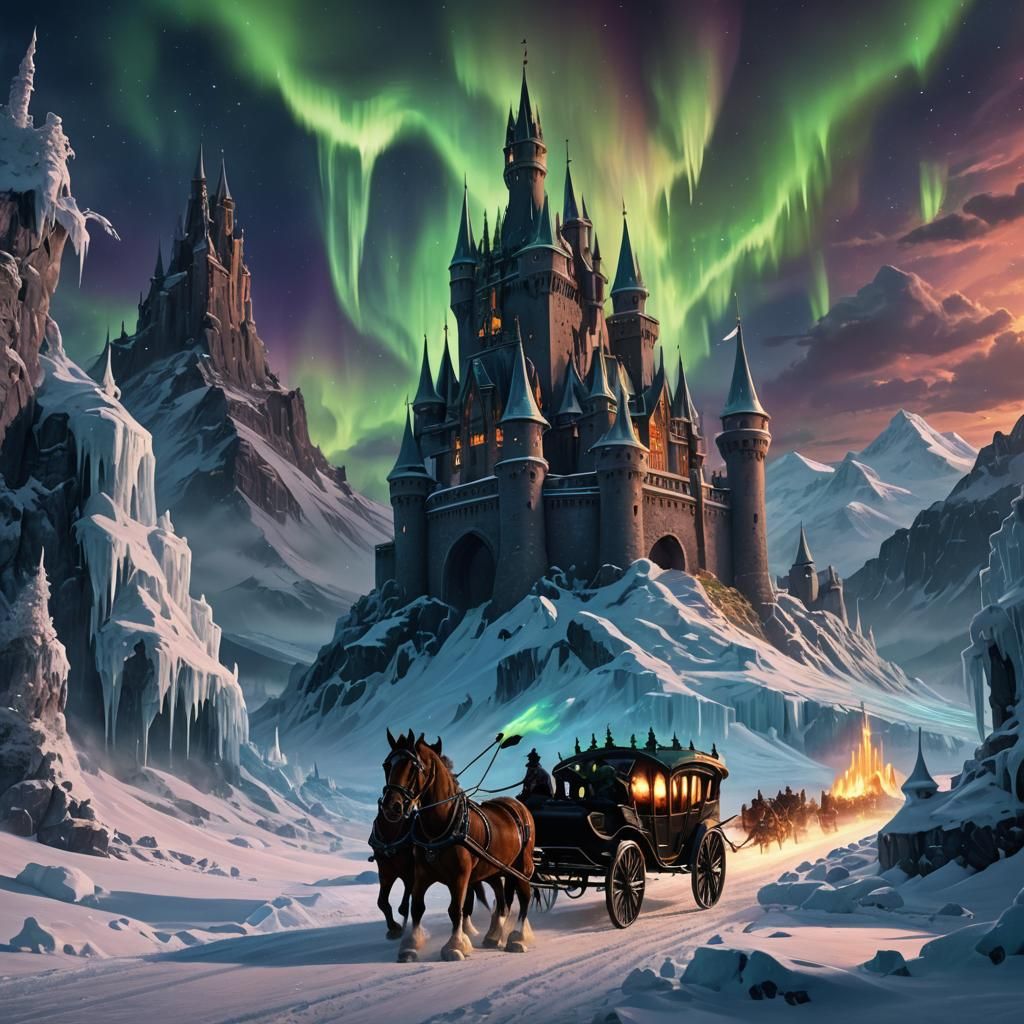 Gothic Ice Castle with Dragons and Aurora