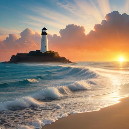 Realistic Beach Sunset with Lighthouse, Detailed Matte Paint...